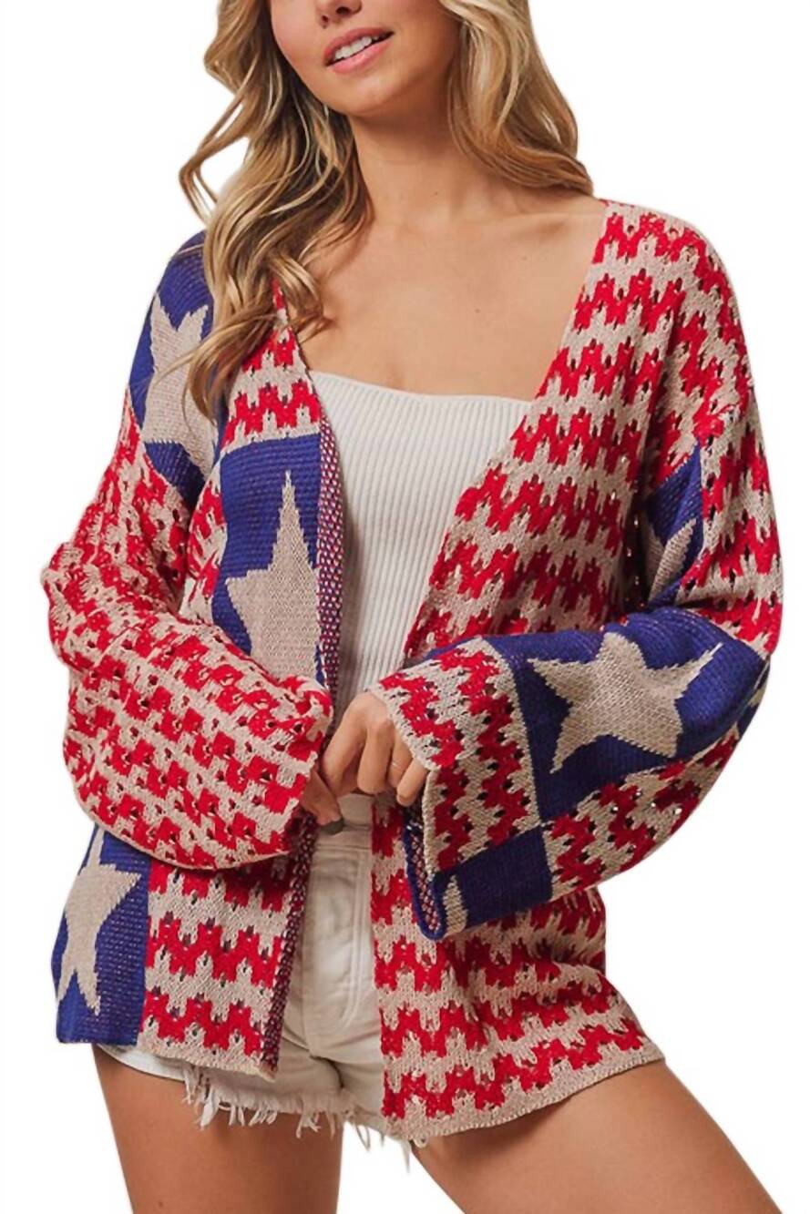 NEW VANILLA MONKEY liberty open-front cardigan in red/ blue
